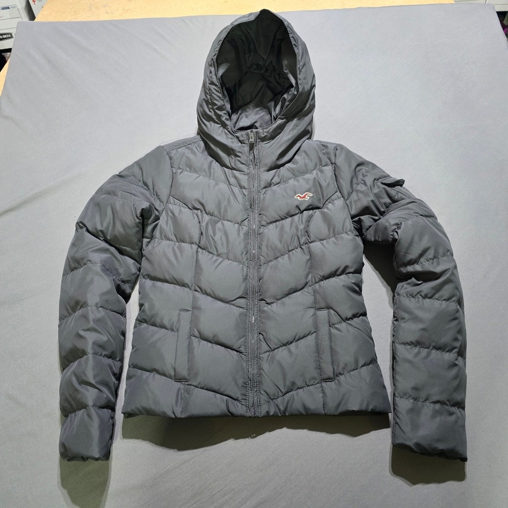 Hollister Puffer Jacket Women Small Grey‎ Hooded Chevron Quilted Down Fill